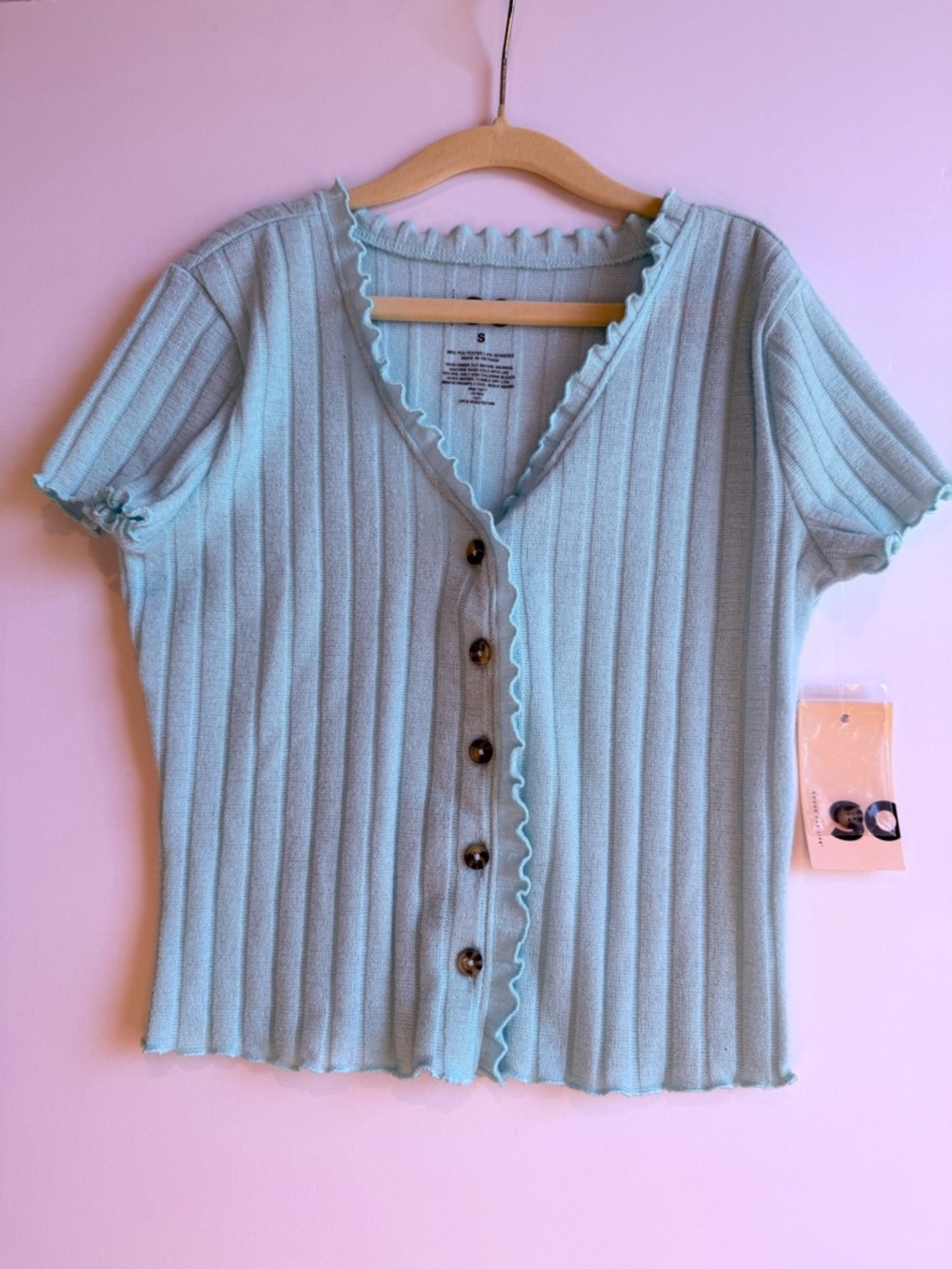 SO Mint Ribbed Ruffle-Trim Button Front Top